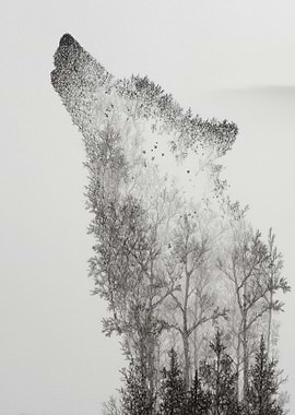 Wolf and Forest Graphite Drawing