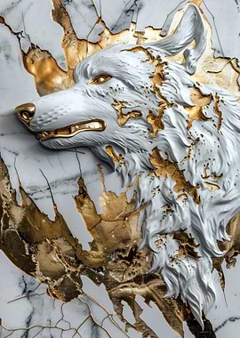 Marble Wolf with Gold Accents