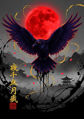 Raven, Blood Moon, and Japanese Landscape