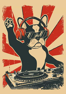 Retro DJ Dog Poster, French Bulldog Music Art, Vintage Turntable Wall Print for Music Lovers