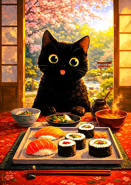 Black Cat with Sushi in Japan