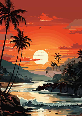 Tropical Beach Sunset Poster, Palm Trees Wall Art, Serene Ocean Landscape Print