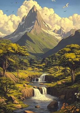 Mountain Landscape with Waterfall