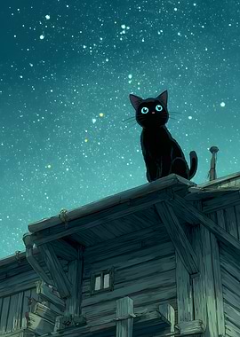 Black Cat on Rooftop Under Starry Sky