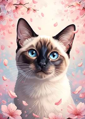 Siamese Cat with Cherry Blossoms