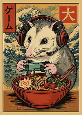 Gamer Opossum Ramen Poster, Japanese Style Wall Art, Cute Gaming Animal Illustration Print
