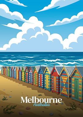 Melbourne Australia Beach Huts Illustration