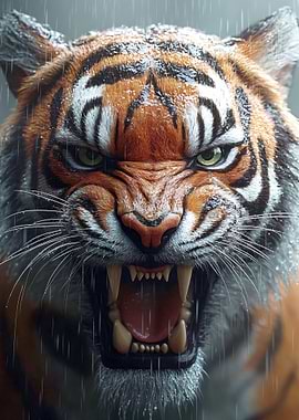 Roaring Tiger in the Rain