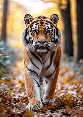 Tiger Walking Through Autumn Leaves