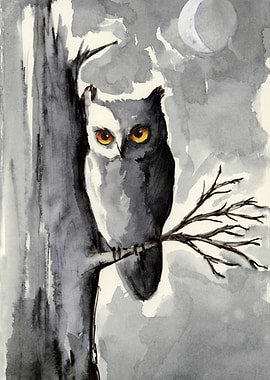 Watercolor Owl Under Moonlight