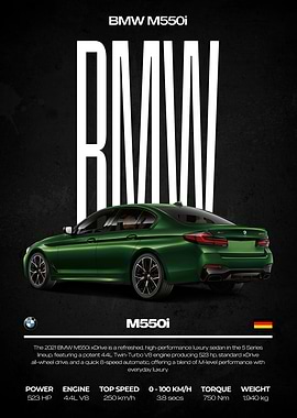 BMW M550i Green Car Poster