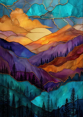 Abstract Mountain Landscape with Golden Accents