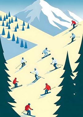 Skiers on Mountain Slope Illustration