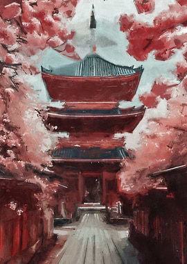 Japanese Pagoda with Cherry Blossoms Painting