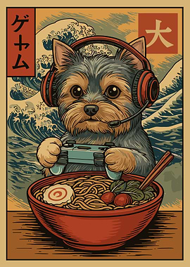 Yorkshire Terrier Gamer Ramen Poster, Japanese Art Wall Print, Cute Dog Illustration