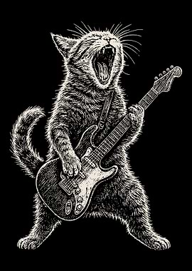 Rock Cat Poster, Vintage Crosshatch Guitar Art Print, Music Lover Wall Decor Illustration