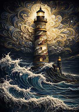 Ornate Lighthouse on Stormy Seas