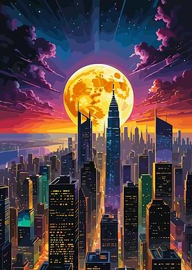 Cityscape under a giant moon