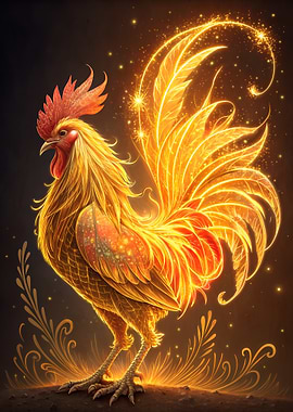 Golden Rooster with Glowing Feathers