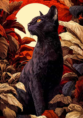 Black Cat in Autumn Leaves