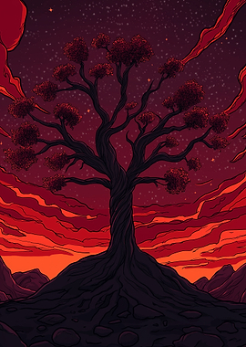 Crimson Tree Under Starry Sky