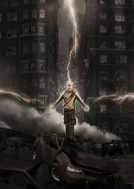 Man with Lightning in Destroyed City