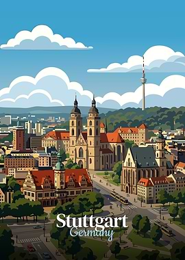 Stuttgart, Germany Cityscape Illustration