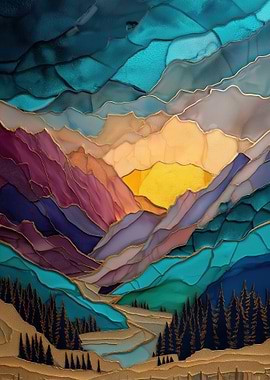 Abstract Mountain Landscape with Golden Outlines