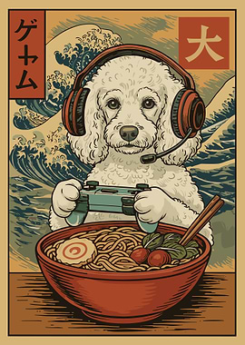 Poodle Gamer Ramen Poster, Cute Japanese Food Art, Anime Style Wall Print for Gamers