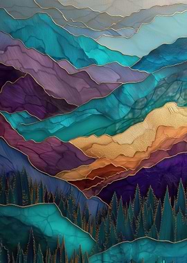 Abstract Mountain Landscape with Golden Accents