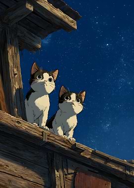 Two Cats Under Starry Night Sky