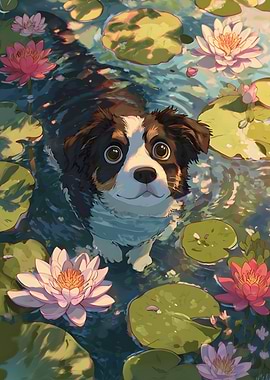 Dog in Lily Pond Illustration