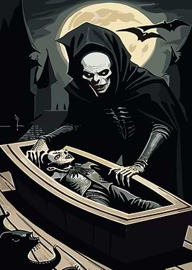 Nosferatu Grim Reaper and Vampire in Coffin