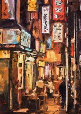 Japanese Street at Night Painting