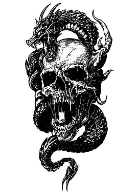 Dragon and Skull Blackwork Illustration
