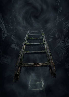 The Infinite Ascent: Surreal Floating Ladder in the Mist