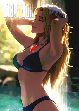 Blonde Woman in Bikini by Waterfall