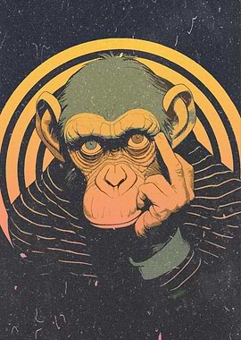 Pensive Monkey with Retro Background