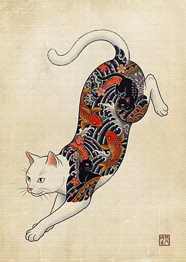 Japanese Tattoo Style Cat Illustration