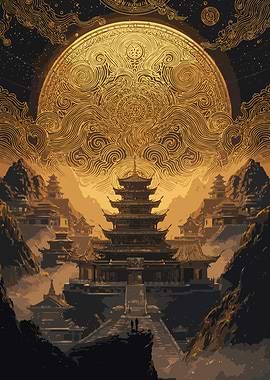 Asian Temple Landscape with Golden Sun