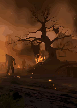 Post-Apocalyptic Zombie Landscape with Fire