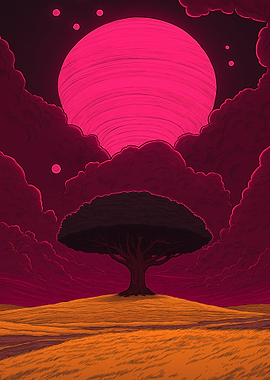 Pink Planet Landscape with Tree