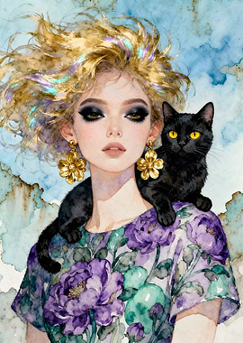 The Gold-Haired Woman with her Black Cat