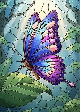 Butterfly on Leaf Stained Glass Style