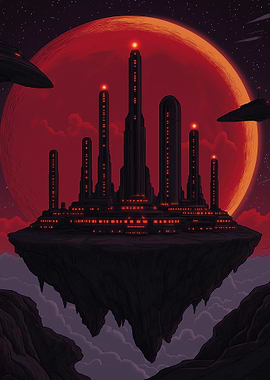 Floating City with Red Planet Backdrop