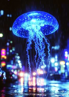 Glowing Jellyfish in Rainy Cityscape