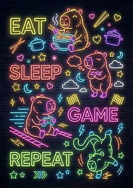Eat Sleep Game Repeat Neon Capybaras