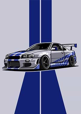 Nissan Skyline R34 Cartoon Illustration