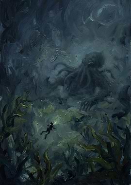 The Sleeping Giant (The Creature) Deep Sea Diver and Cthulhu Painting