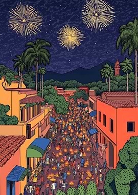 Festive Street Celebration with Fireworks